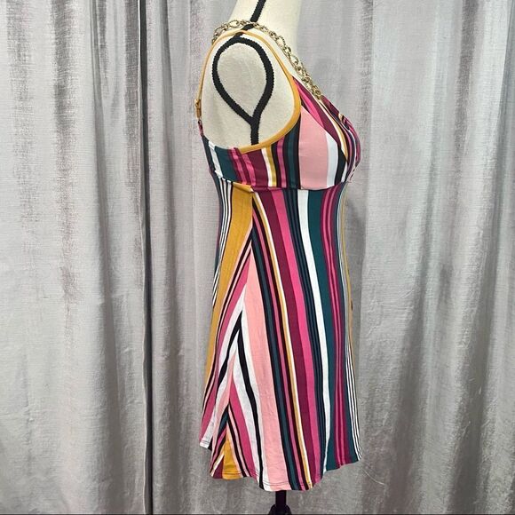 PLANET GOLD Striped Magenta Mini Dress w Buttons - Picture 4 of 6